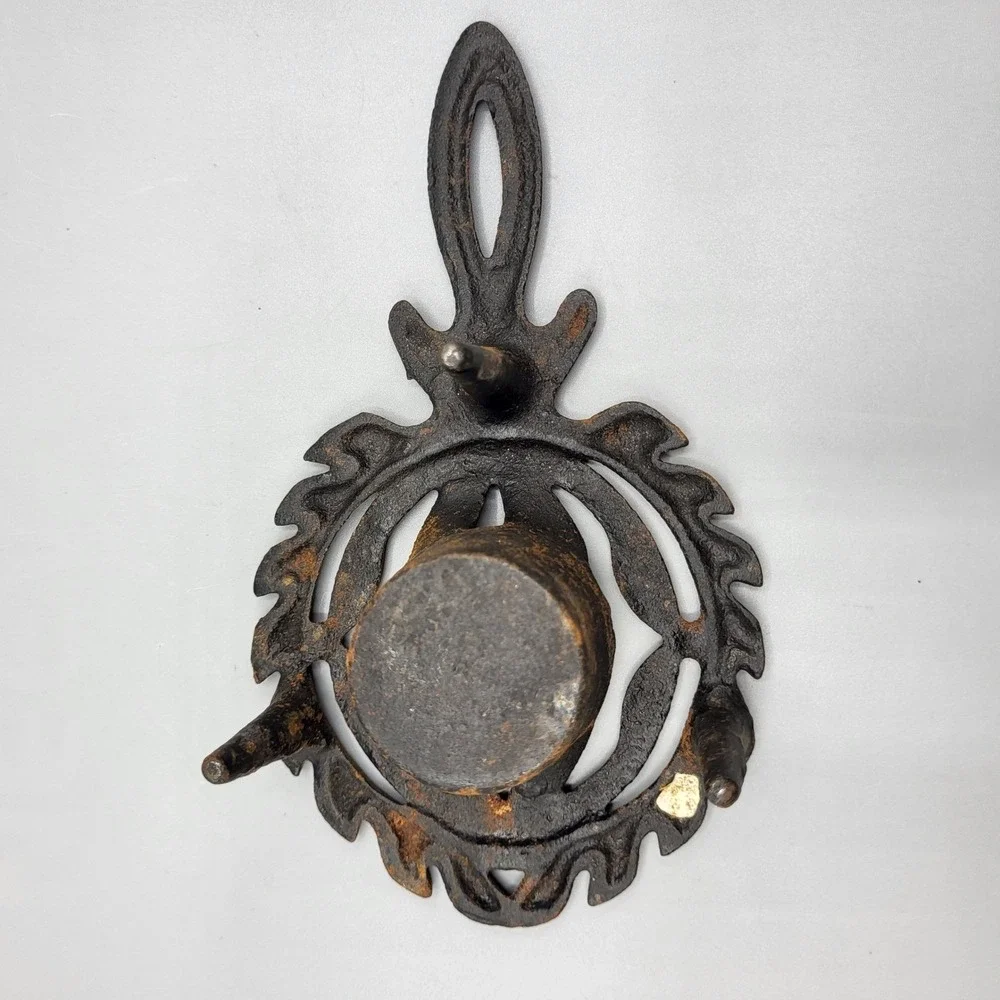 Vintage Cast Iron Trivet Footed Candle Holder Leaf Scroll Design Black Brown